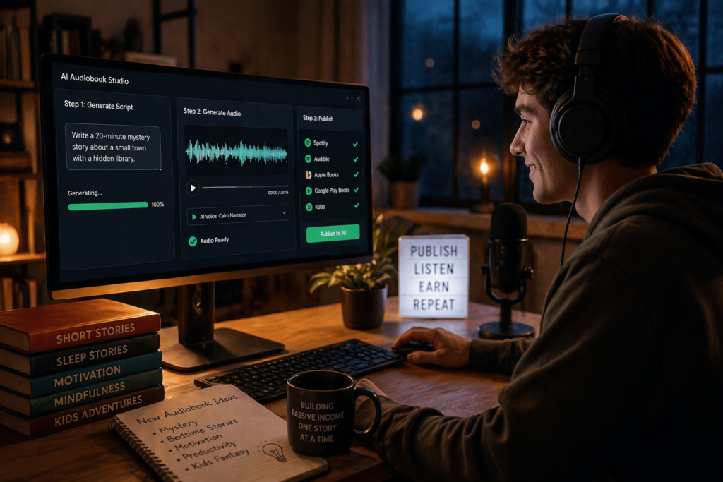 ai audiobook creation workspace short audiobooks passive income system on computer screen